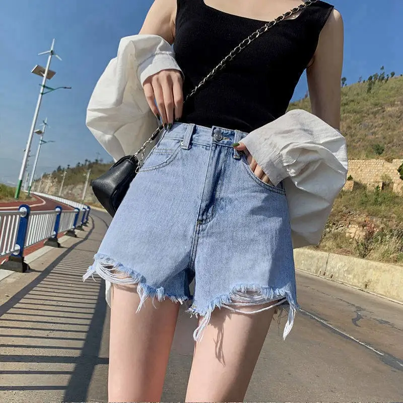 Women White Denim Shorts High Waist Frayed Ripped - Image 4