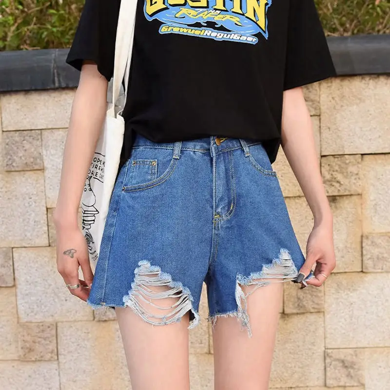 Women White Denim Shorts High Waist Frayed Ripped - Image 5