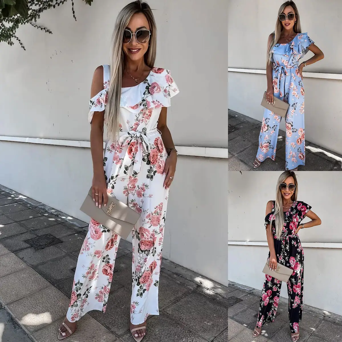 Spring Printed Ruffled Waist Pants Set Blue Floral