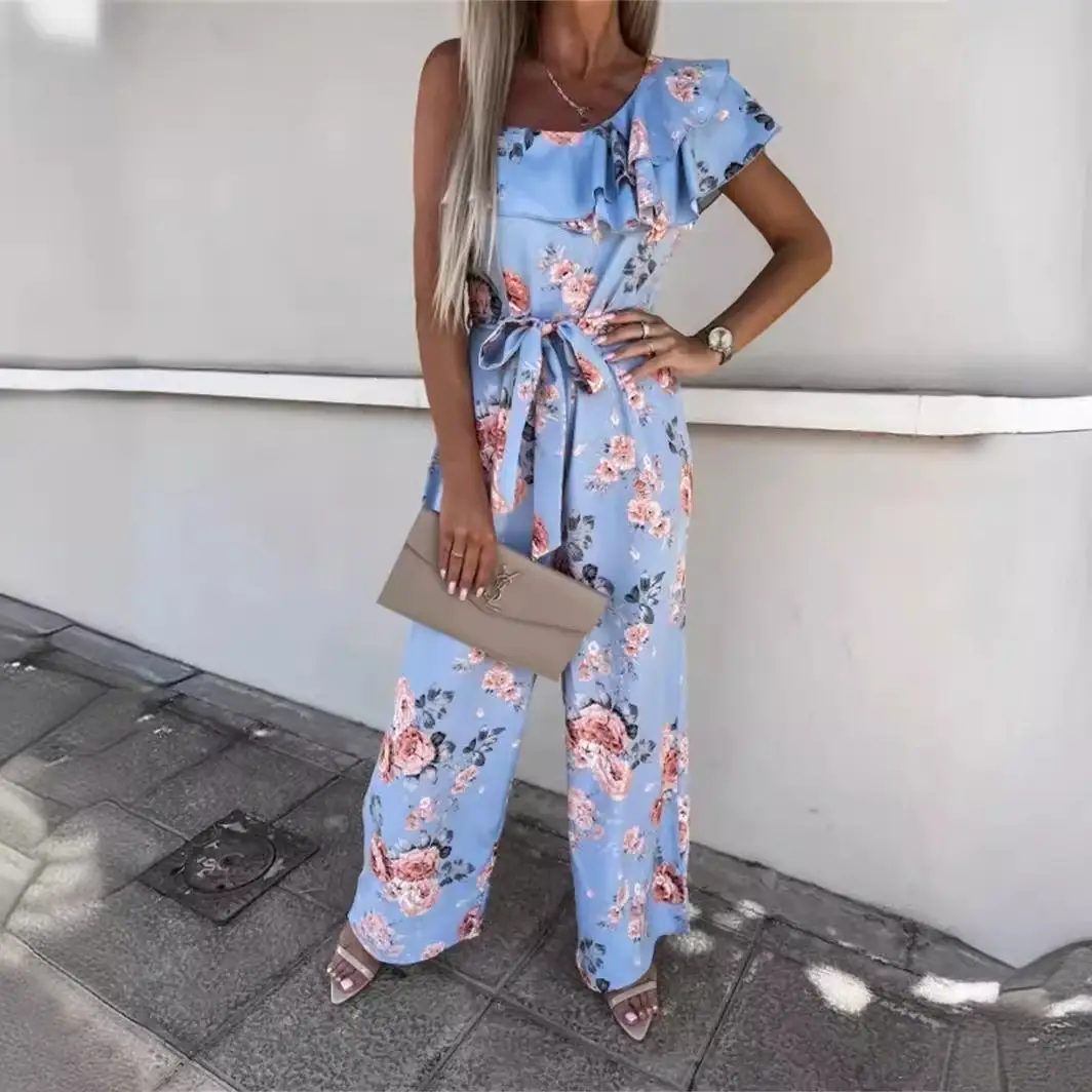 Spring Printed Ruffled Waist Pants Set Blue Floral