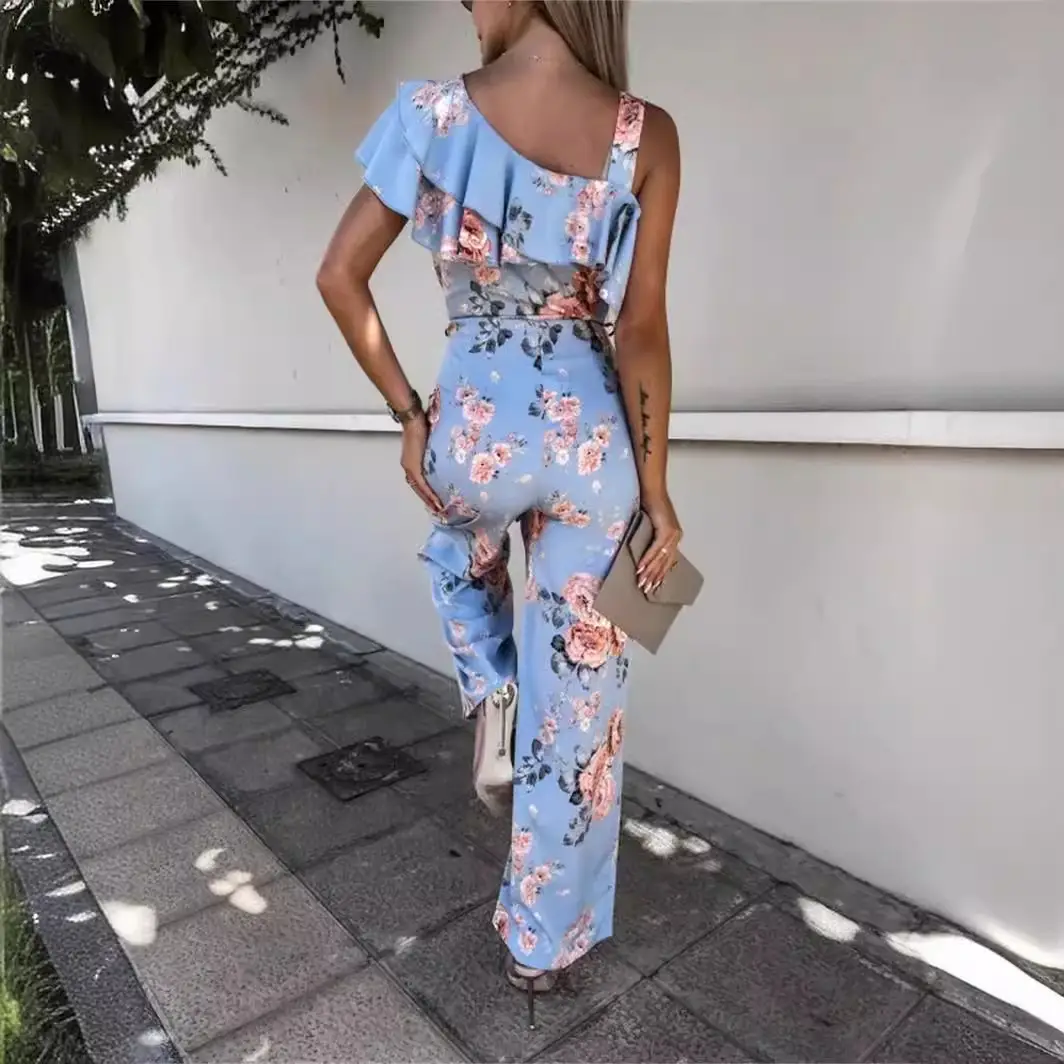 Spring Printed Ruffled Waist Pants Set Blue Floral