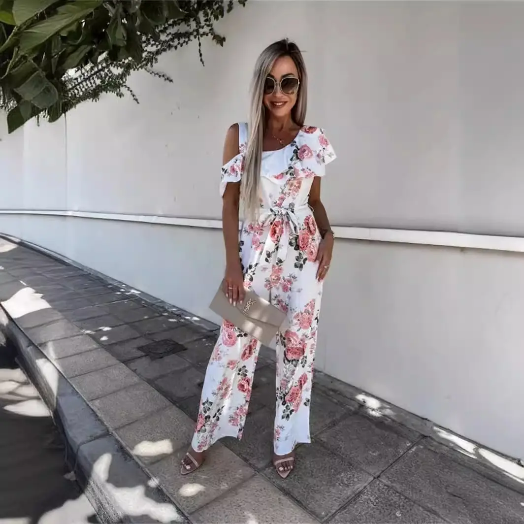 Spring Printed Ruffled Waist Pants Set Blue Floral