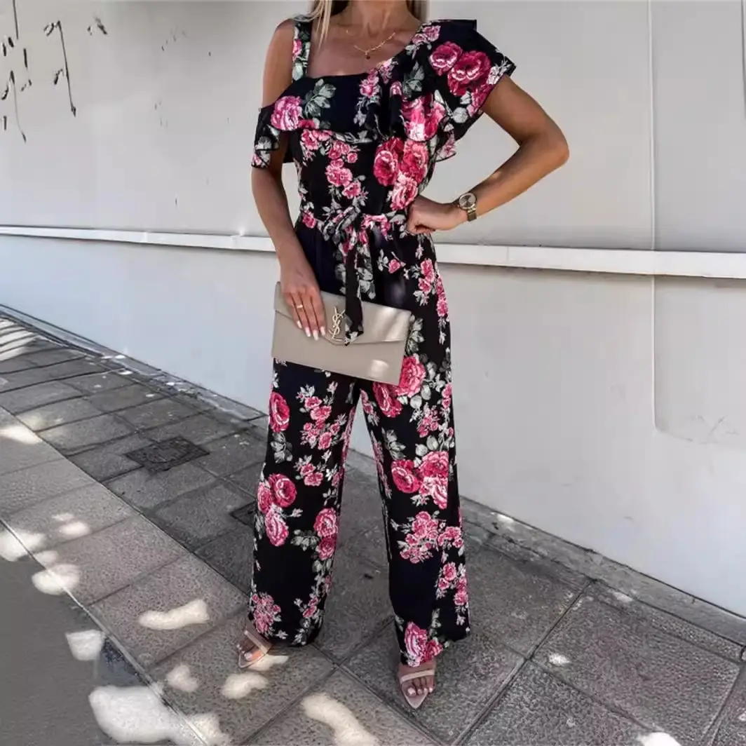Spring Printed Ruffled Waist Pants Set Blue Floral