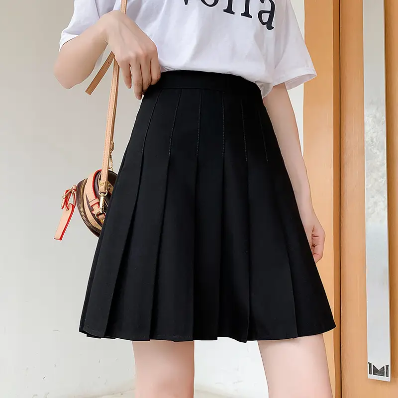 Black Pleated Mid-Length Skirt Large High Waist Slimming
