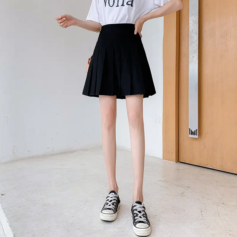 Black Pleated Mid-Length Skirt Large High Waist Slimming