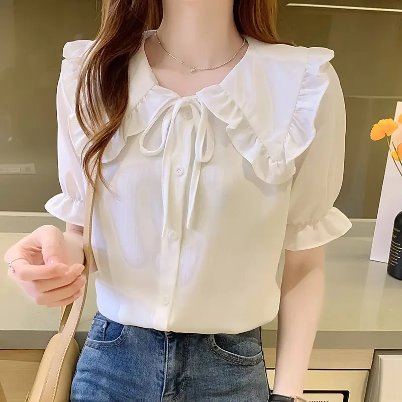 Women Doll Collar Ruffled Chiffon Shirt Spring Autumn 2023 - Image 5