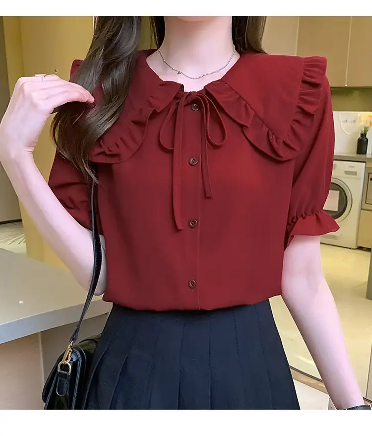 Women Doll Collar Ruffled Chiffon Shirt Spring Autumn 2023 — feature 25