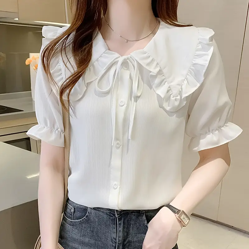 Women Doll Collar Ruffled Chiffon Shirt Spring Autumn 2023 - Image 3
