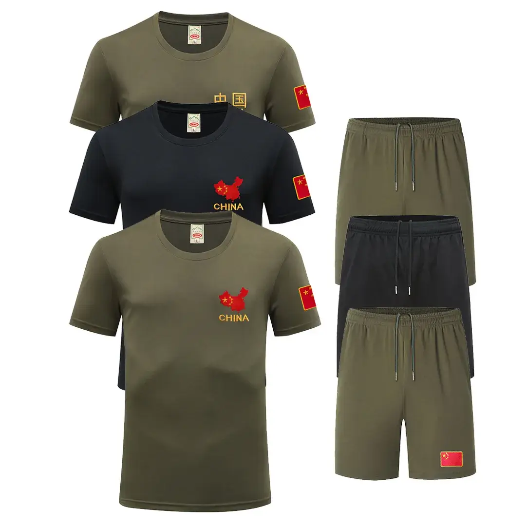 Men Military Camo T-Shirt Shorts Set Green China Flag - Image 21