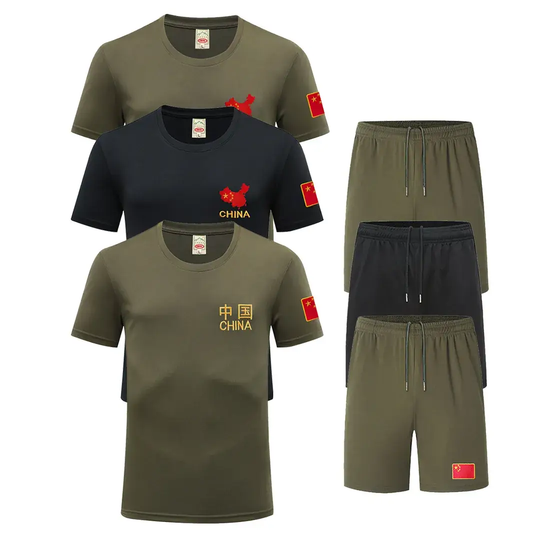 Men Military Camo T-Shirt Shorts Set Green China Flag - Image 22