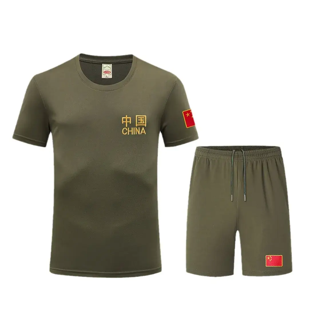Men Military Camo T-Shirt Shorts Set Green China Flag - Image 23