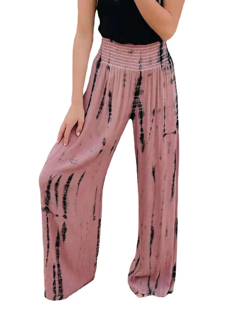 Pink Tie-Dye Wide Leg Elastic Waist Pants - Image 8