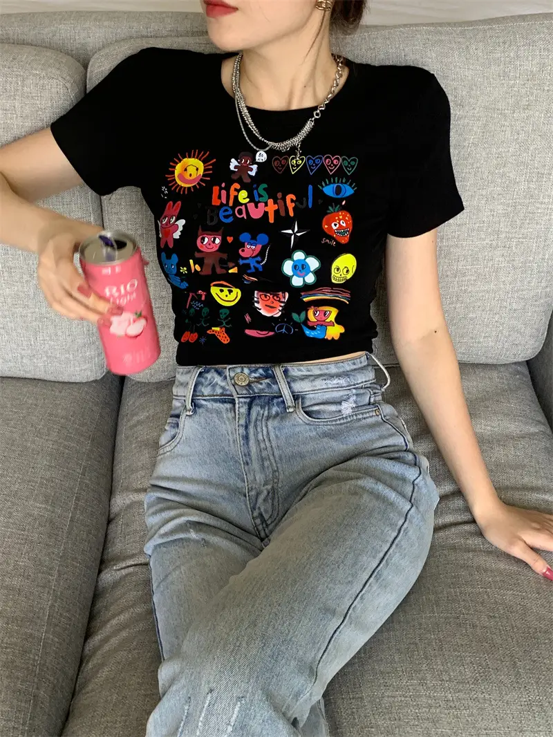 Spicy Girl Black Short Sleeve Printed T-Shirt Women 2025 - Image 5