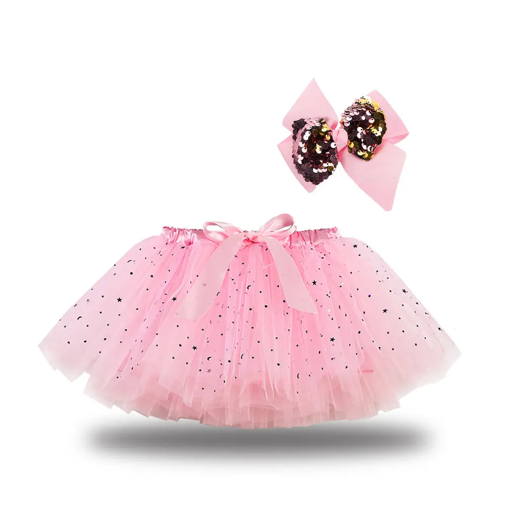 Pink Mesh Tutu Skirt with Bow Hairpin Star and Moon Design - Image 7