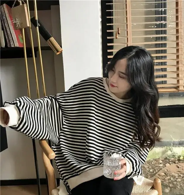 Women Striped Long Sleeve Sweatshirt Spring Autumn Loose Fit — feature 13