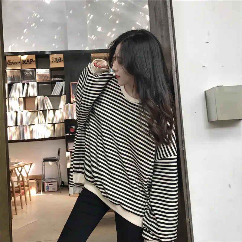 Women Striped Long Sleeve Sweatshirt Spring Autumn Loose Fit — feature 14