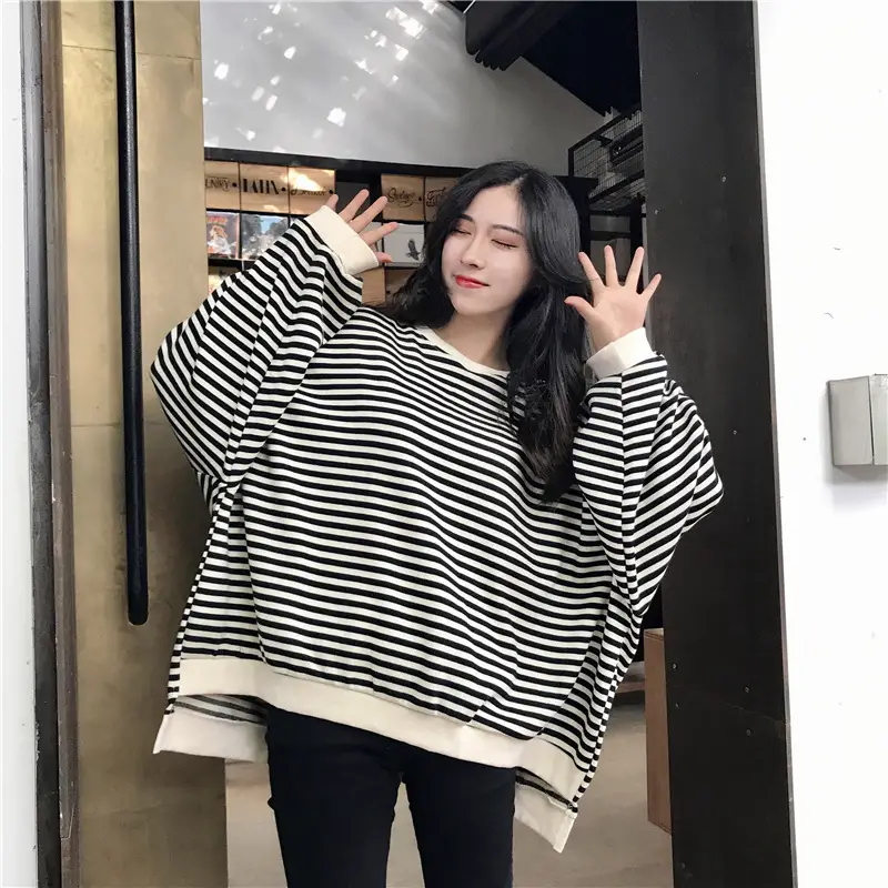 Women Striped Long Sleeve Sweatshirt Spring Autumn Loose Fit — feature 15