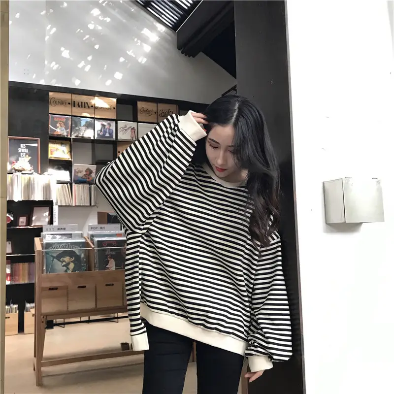 Women Striped Long Sleeve Sweatshirt Spring Autumn Loose Fit — feature 16