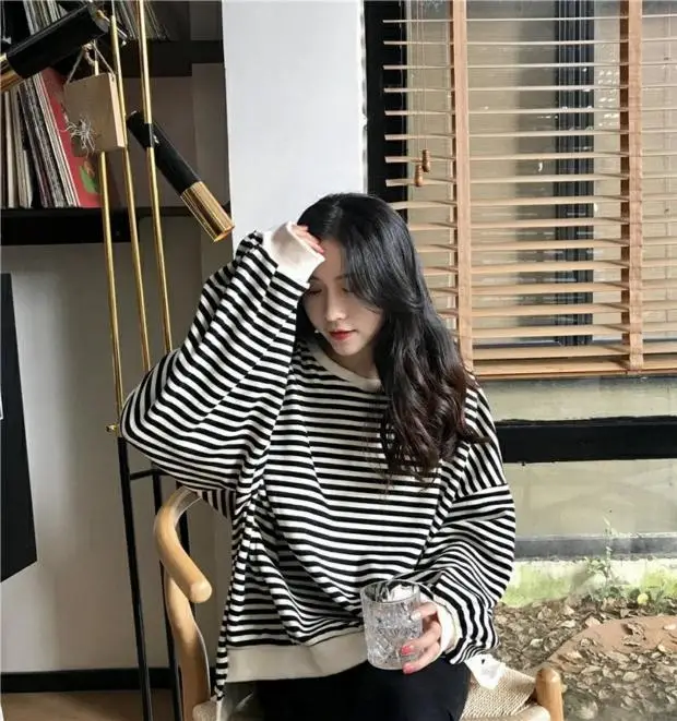 Women Striped Long Sleeve Sweatshirt Spring Autumn Loose Fit — feature 17
