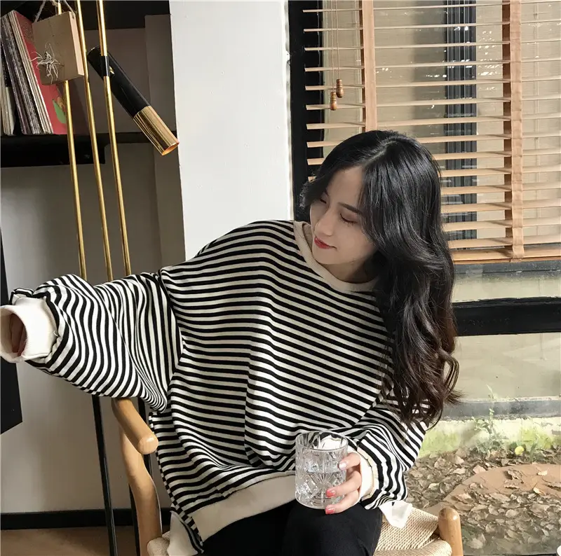 Women Striped Long Sleeve Sweatshirt Spring Autumn Loose Fit — feature 19