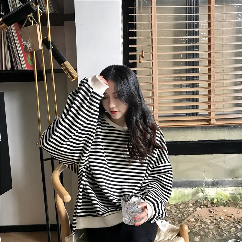 Women Striped Long Sleeve Sweatshirt Spring Autumn Loose Fit — feature 20