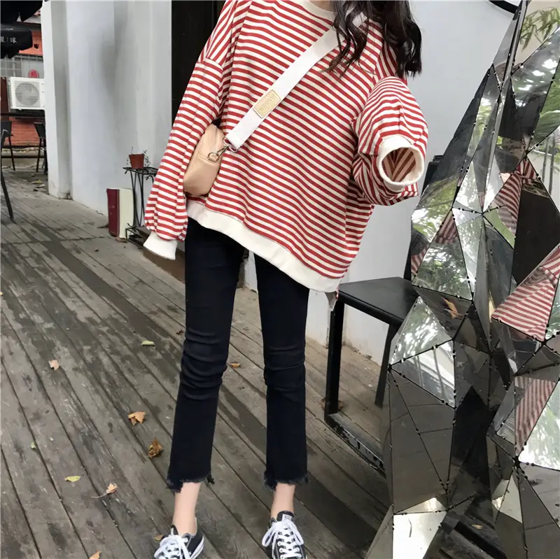 Women Striped Long Sleeve Sweatshirt Spring Autumn Loose Fit — feature 22