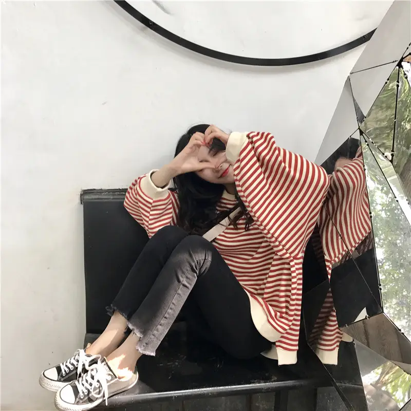 Women Striped Long Sleeve Sweatshirt Spring Autumn Loose Fit — feature 23