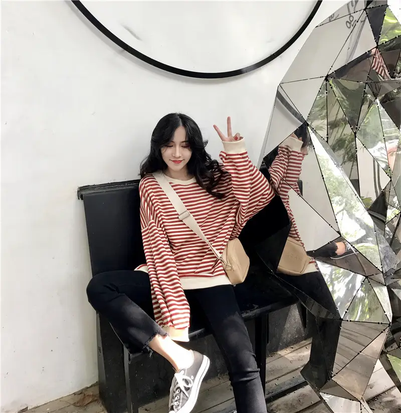 Women Striped Long Sleeve Sweatshirt Spring Autumn Loose Fit — feature 24