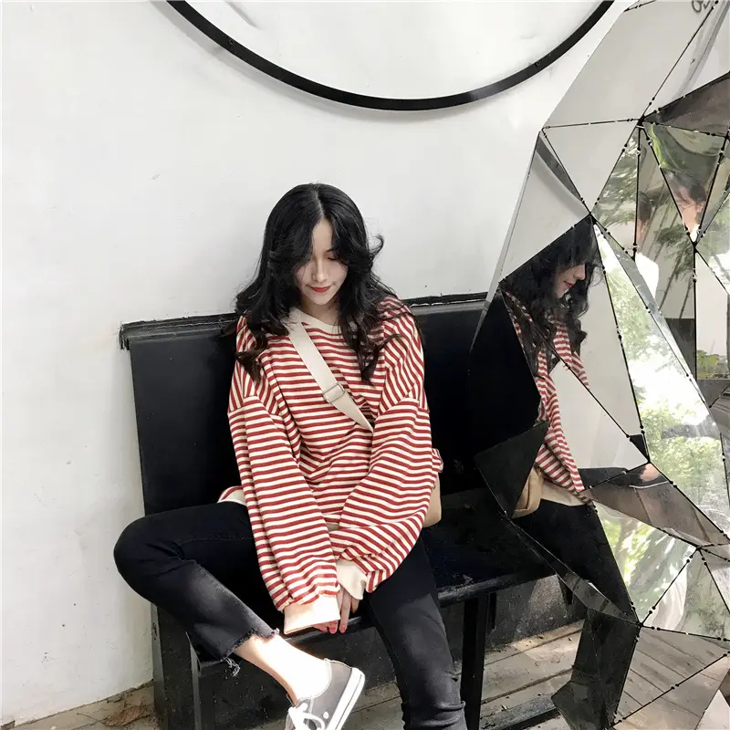 Women Striped Long Sleeve Sweatshirt Spring Autumn Loose Fit — feature 25