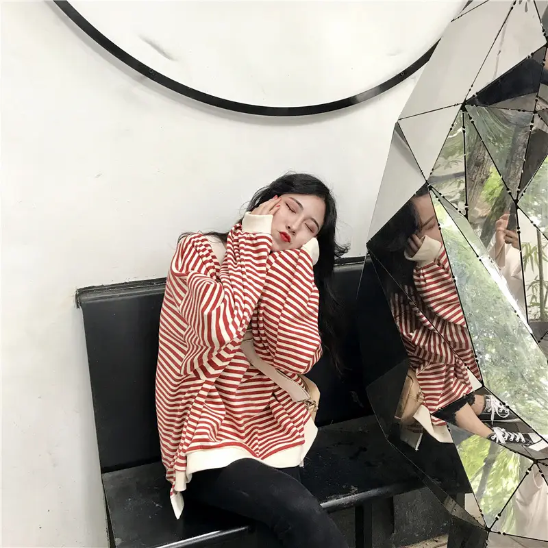 Women Striped Long Sleeve Sweatshirt Spring Autumn Loose Fit — feature 26