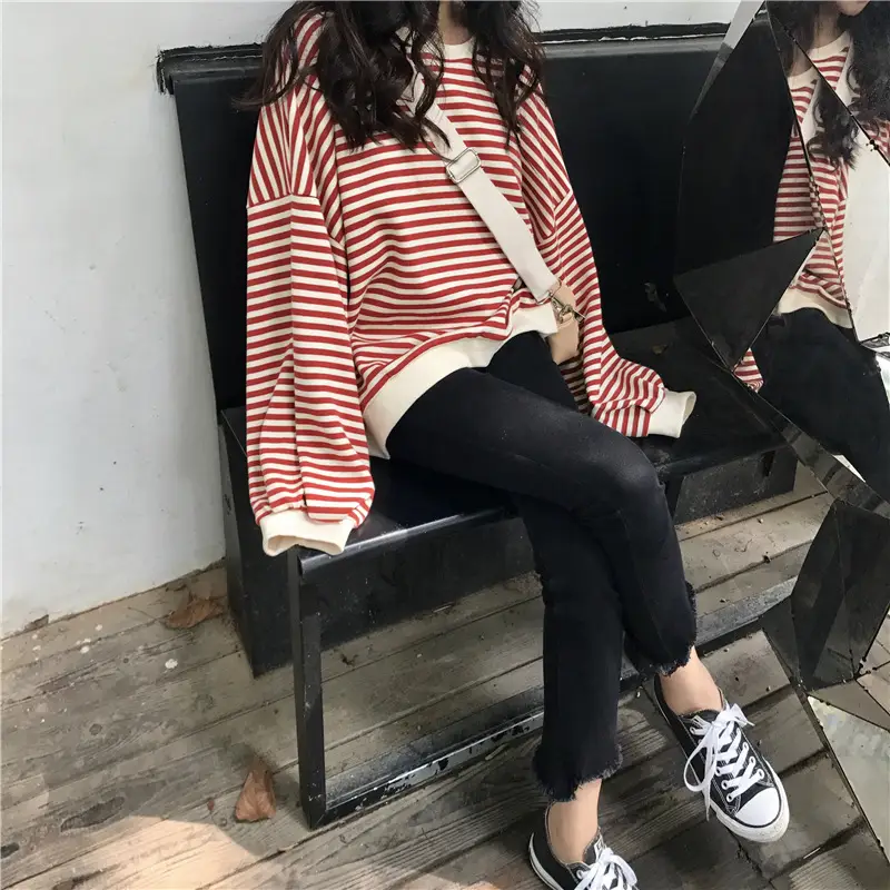 Women Striped Long Sleeve Sweatshirt Spring Autumn Loose Fit — feature 29