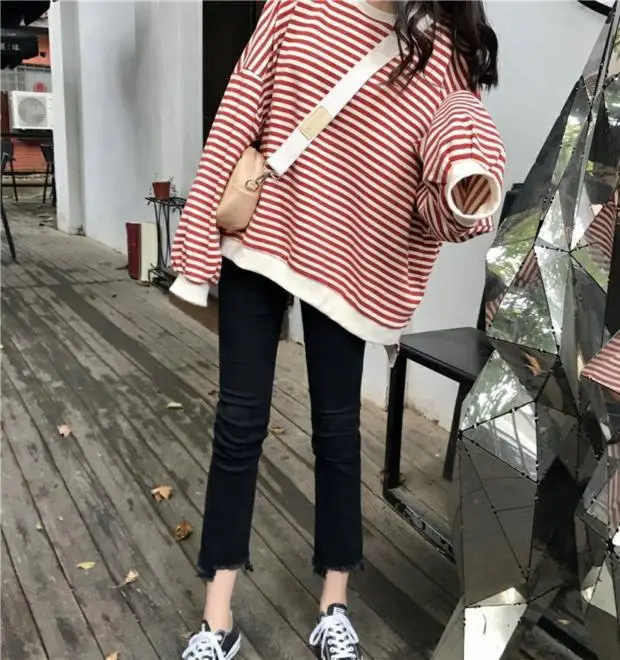 Women Striped Long Sleeve Sweatshirt Spring Autumn Loose Fit — feature 33