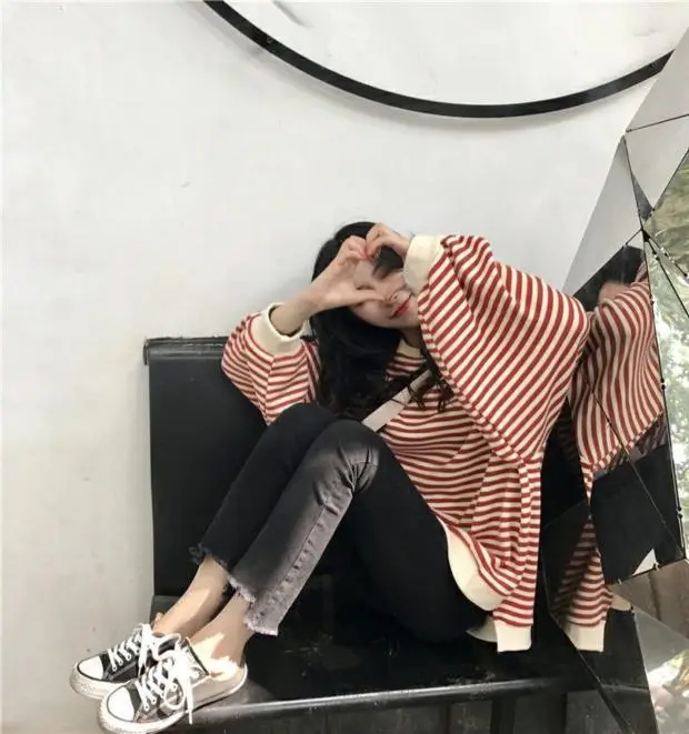 Women Striped Long Sleeve Sweatshirt Spring Autumn Loose Fit — feature 35
