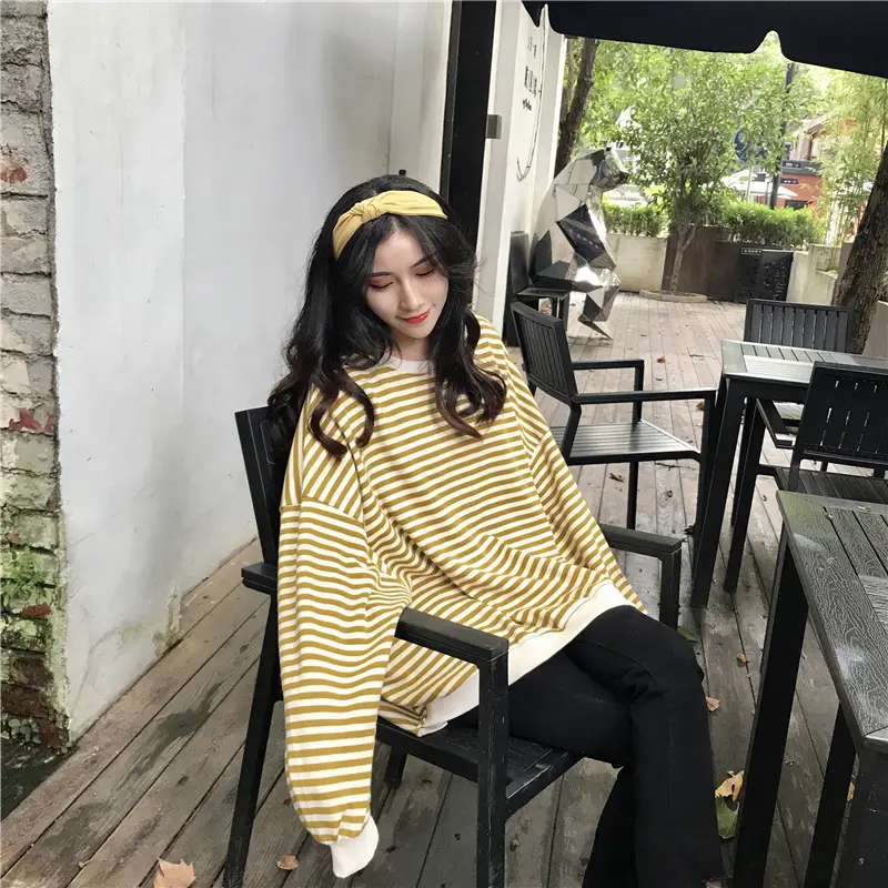 Women Striped Long Sleeve Sweatshirt Spring Autumn Loose Fit — feature 38