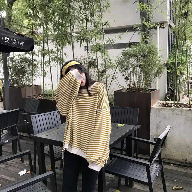 Women Striped Long Sleeve Sweatshirt Spring Autumn Loose Fit — feature 40