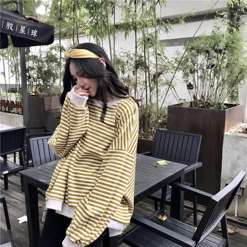 Women Striped Long Sleeve Sweatshirt Spring Autumn Loose Fit — feature 42
