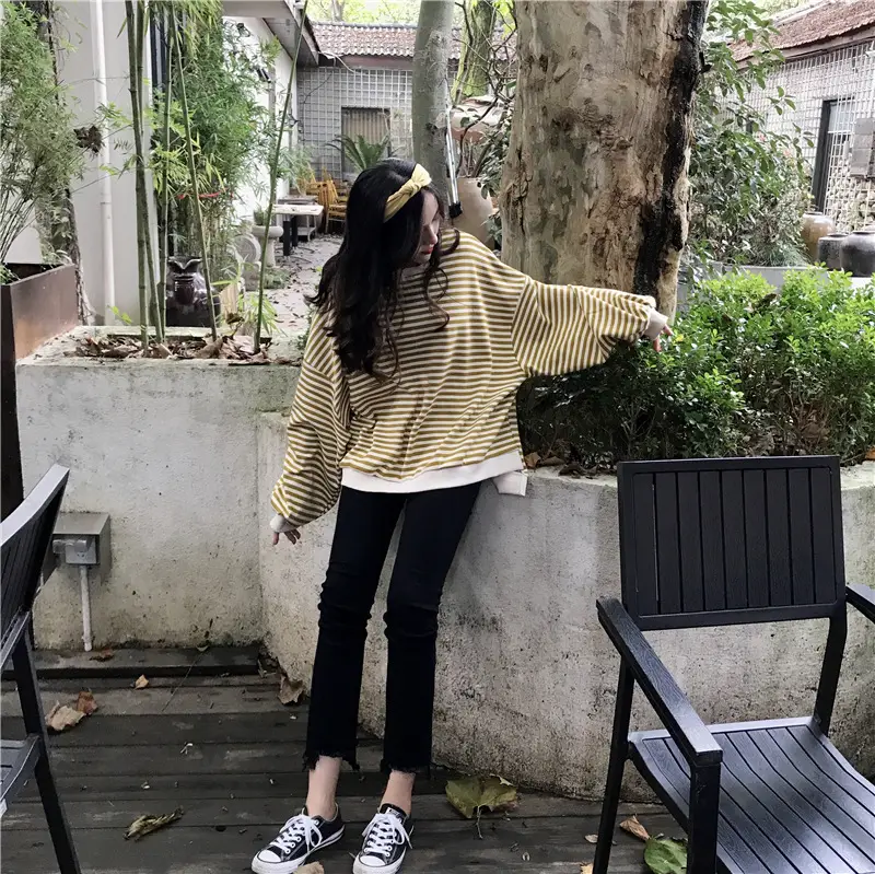 Women Striped Long Sleeve Sweatshirt Spring Autumn Loose Fit — feature 43