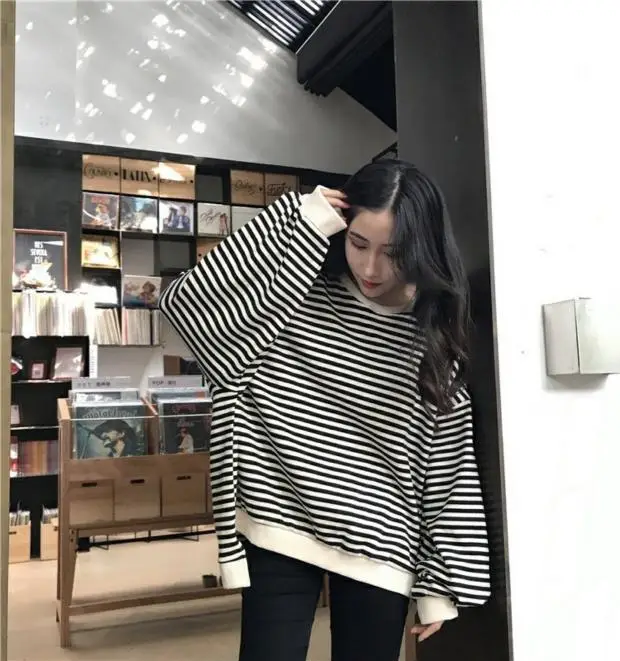 Women Striped Long Sleeve Sweatshirt Spring Autumn Loose Fit — feature 7