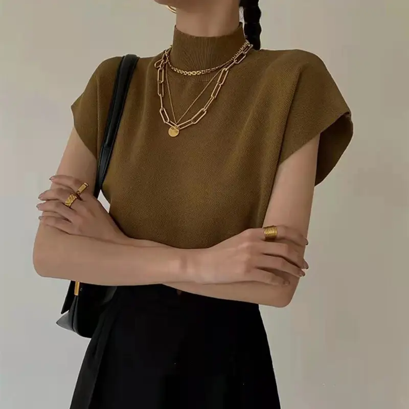 Women's Knitted Half Turtleneck Vest T-Shirt 2025 Summer - Image 5