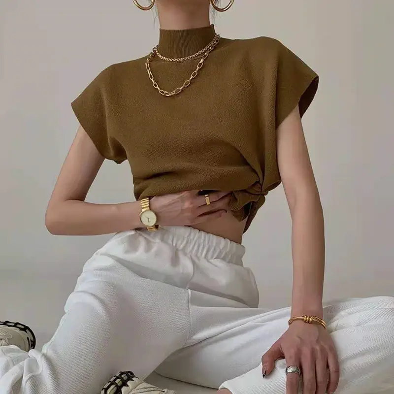 Women's Knitted Half Turtleneck Vest T-Shirt 2025 Summer - Image 6
