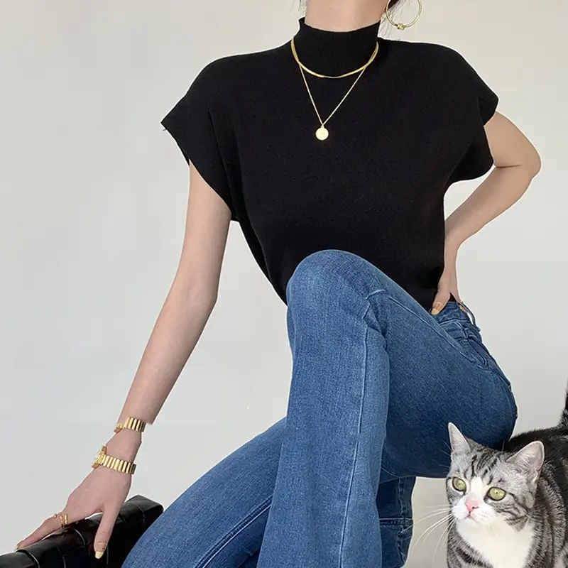 Women's Knitted Half Turtleneck Vest T-Shirt 2025 Summer - Image 7