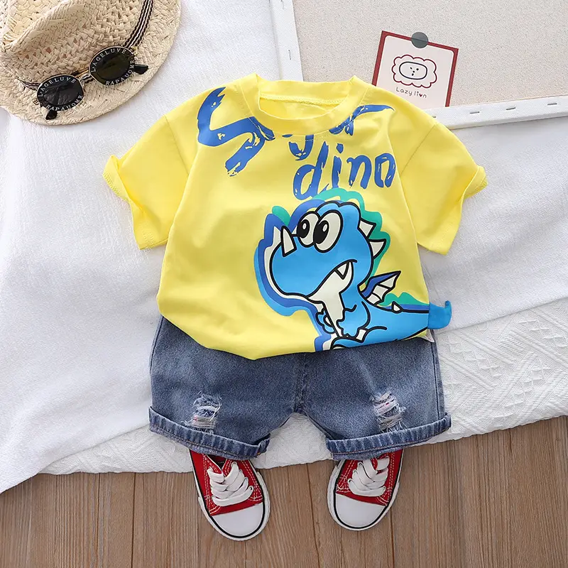 Kids Cartoon T-Shirt Shorts Set Yellow Blue Summer Wear