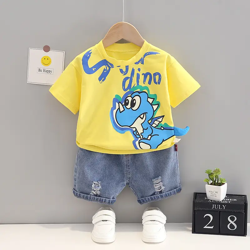 Kids Cartoon T-Shirt Shorts Set Yellow Blue Summer Wear