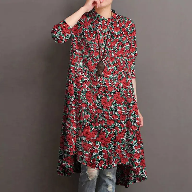 Women Muslim Printed Long Sleeve Top Shirt Dress - Image 5