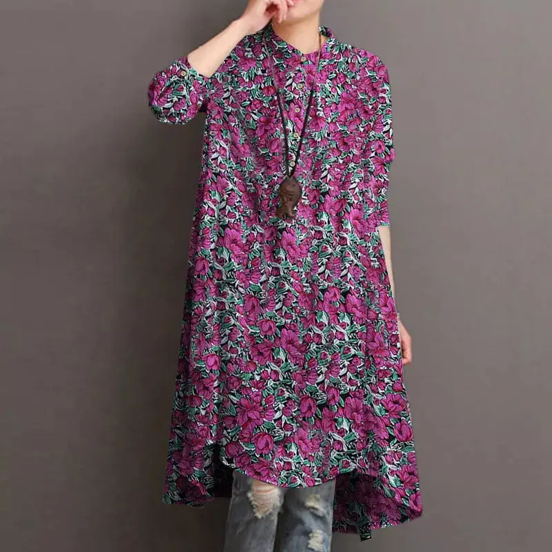 Women Muslim Printed Long Sleeve Top Shirt Dress - Image 7