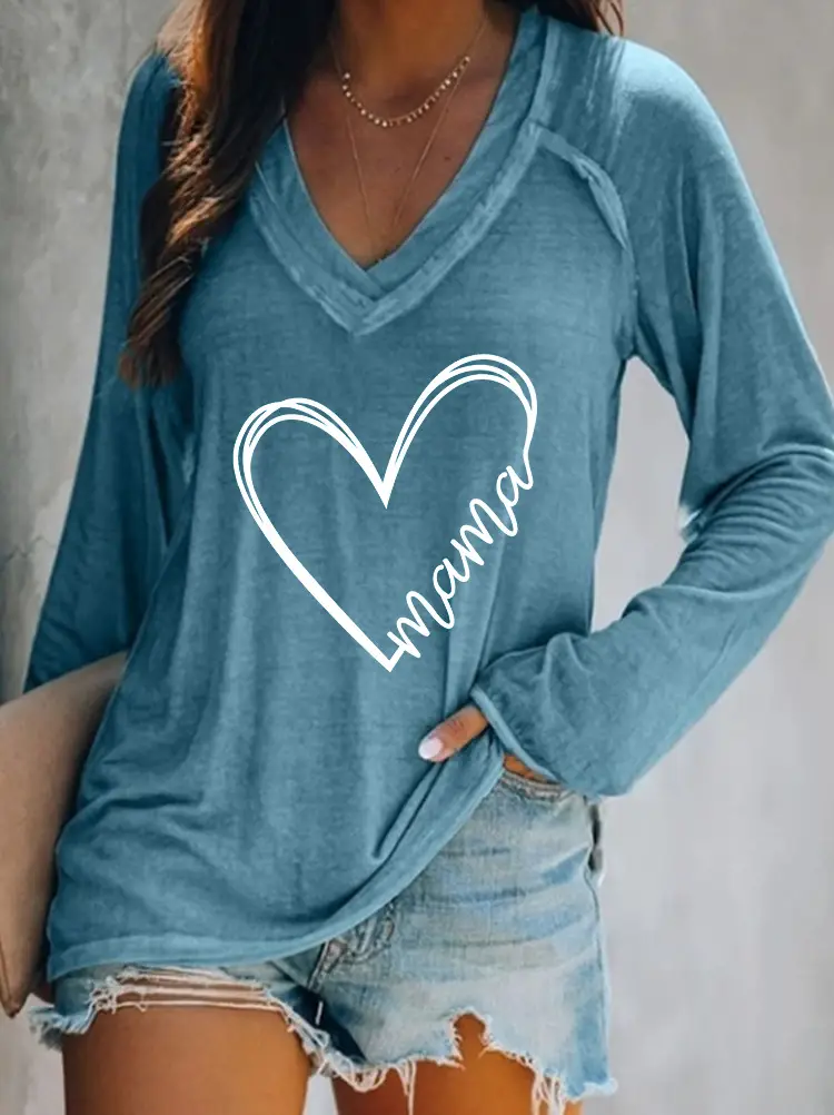 2022 Long Sleeve V-Neck Heart Print T-Shirt White