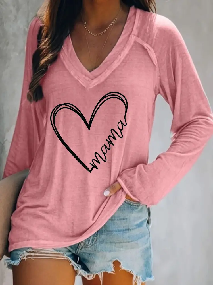 2022 Long Sleeve V-Neck Heart Print T-Shirt White