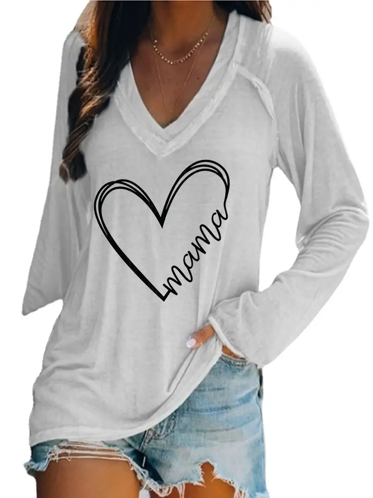 2022 Long Sleeve V-Neck Heart Print T-Shirt White