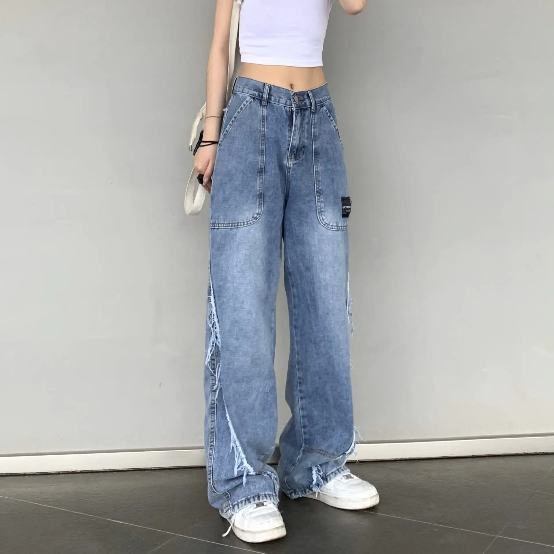 Women Wide Leg Jeans High Waist Denim Pants Blue - Image 3
