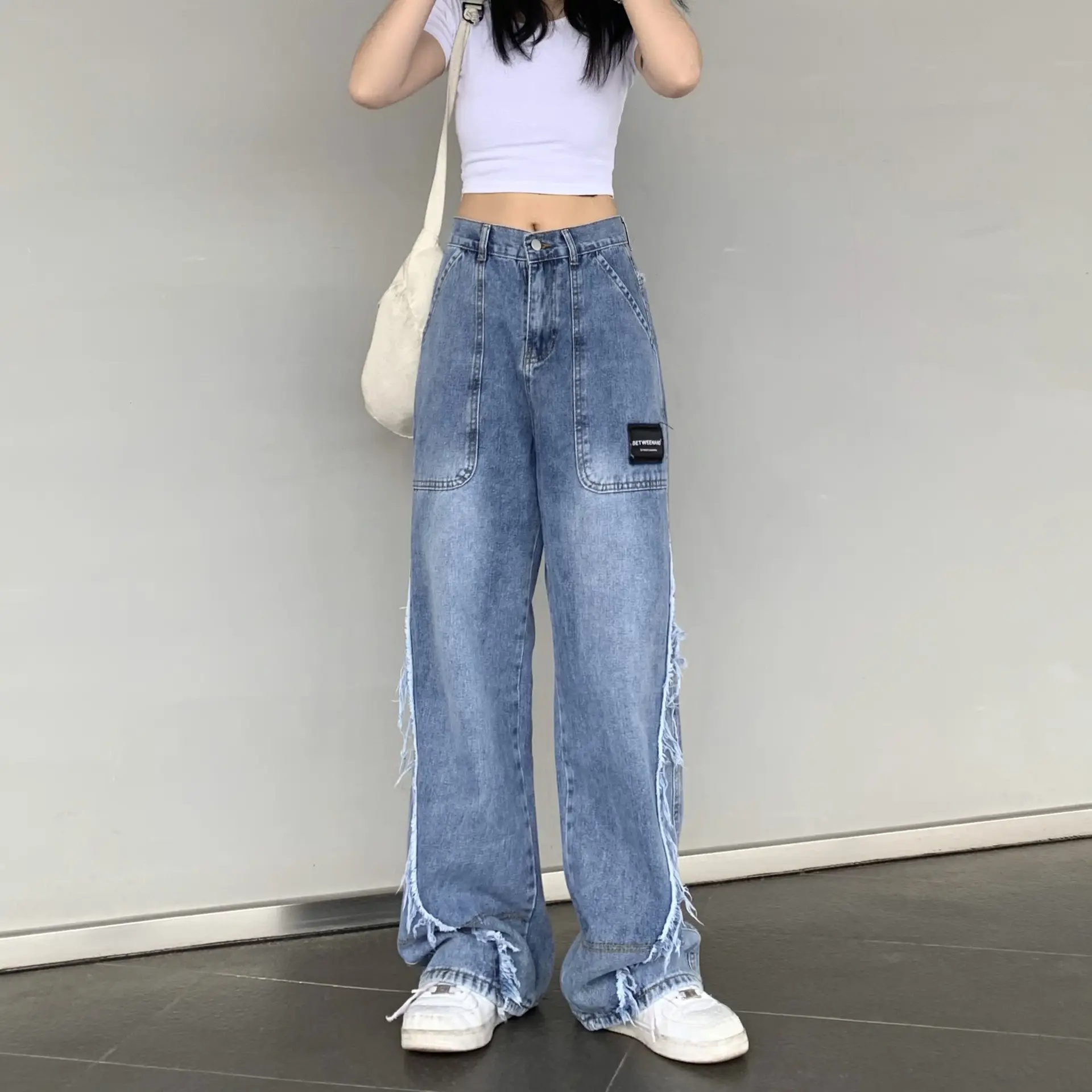 Women Wide Leg Jeans High Waist Denim Pants Blue - Image 4